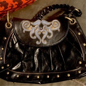 Kate Landry leather style hobo metallic and blue leather appliqué embellished .